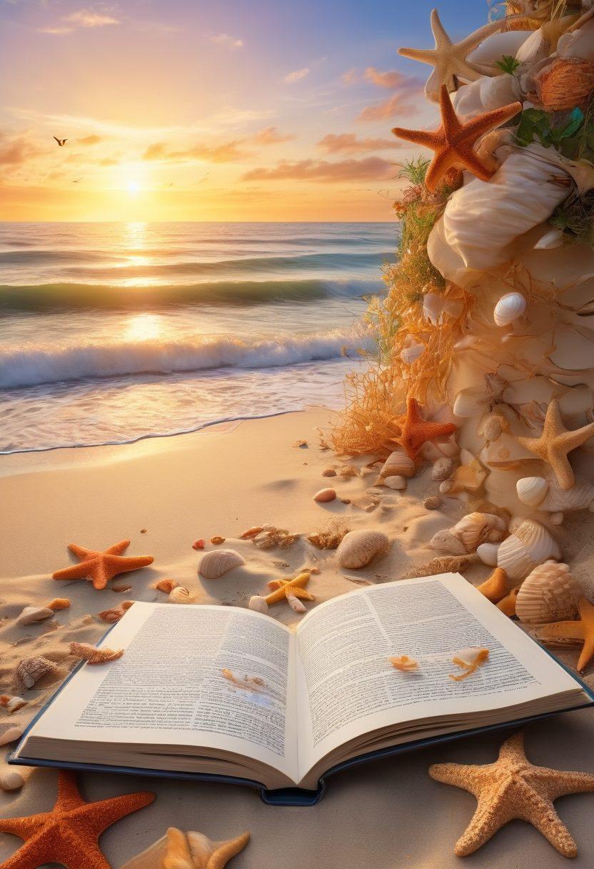 A vibrant beach scene with waves crashing gently on the shore, scattered seashells and starfish in the sand, transitioning into a cozy nook filled with open books and colorful sketches. The setting sun casts a golden glow, inviting creativity and storytelling, while the ocean breeze flows through the pages. Illustrate a seamless blend of nature and literature. super-realistic. vibrant colors. sunny atmosphere.