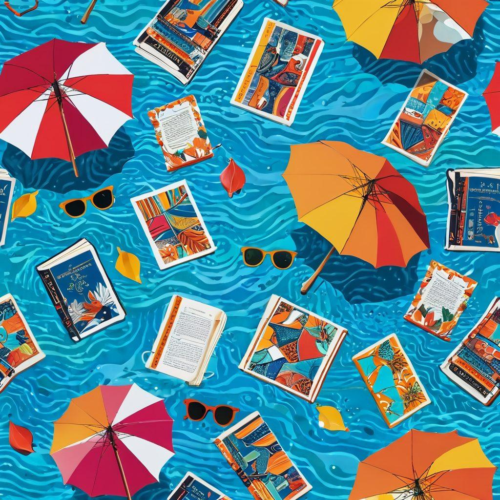 A vibrant beach scene showcasing stylish swimwear designs in various bold patterns and colors. Artistically incorporate books floating on water, each with unique fan fiction covers that blend with the swimwear theme. Include excited readers lounging on beach towels, immersed in their stories under vibrant umbrellas, with waves gently lapping at the shore. Highlight the fusion of fashion and imagination in a playful and whimsical manner. bright colors. super-realistic.